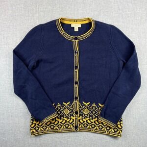 Appleseed's Petites Fair Isle Knit Button Cardigan Women PS Navy Yellow Nordic